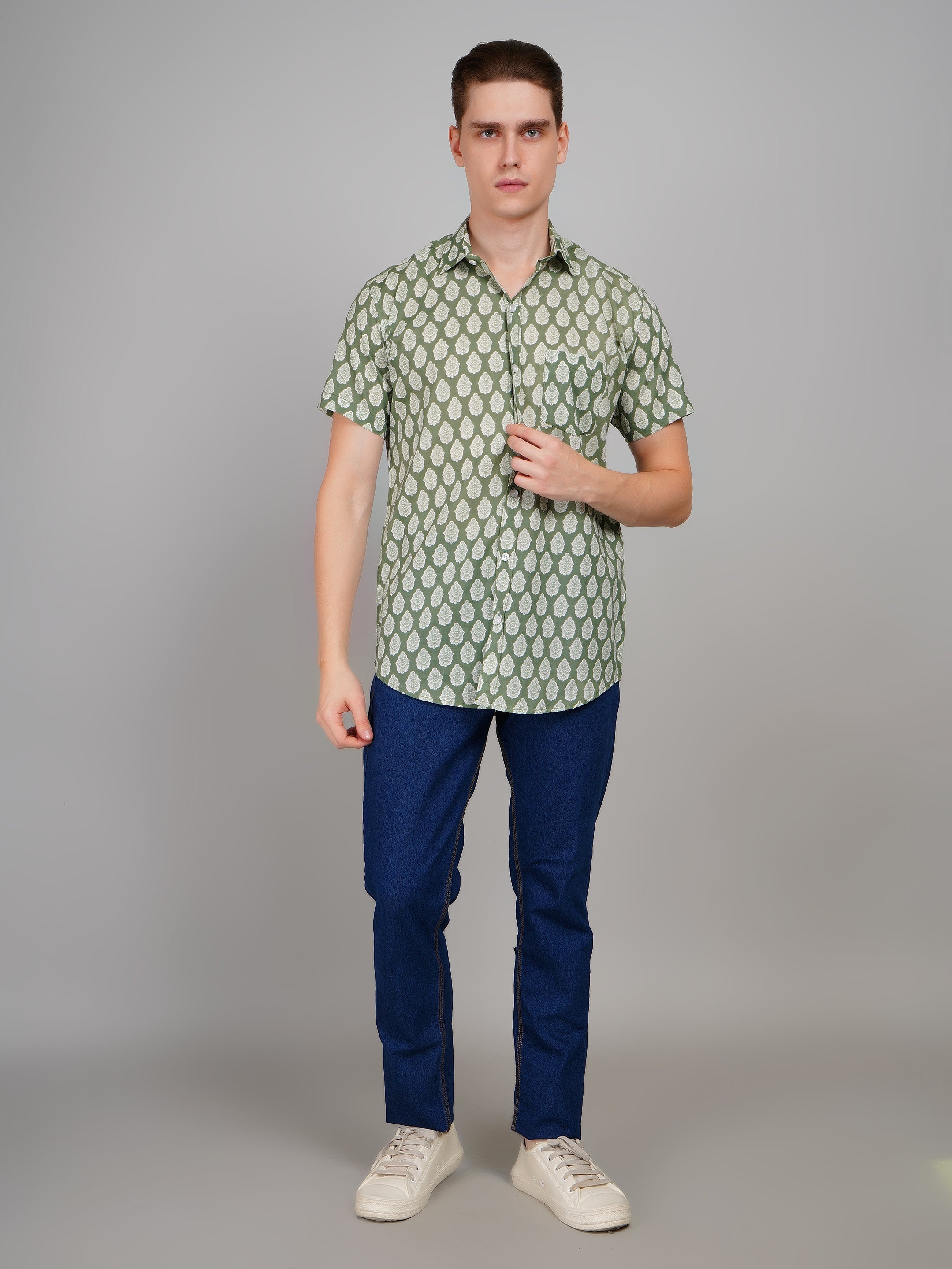 Louis Monarch Premium Light Green Jaipuri Printed Cotton Half Sleeve Casual Shirt